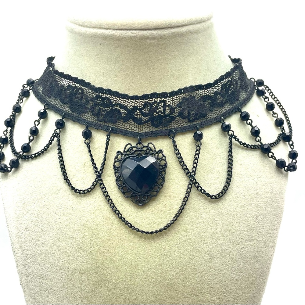 Victorian Gothic Black Lace Choker Necklace with Beads and Gemstone Pendant.